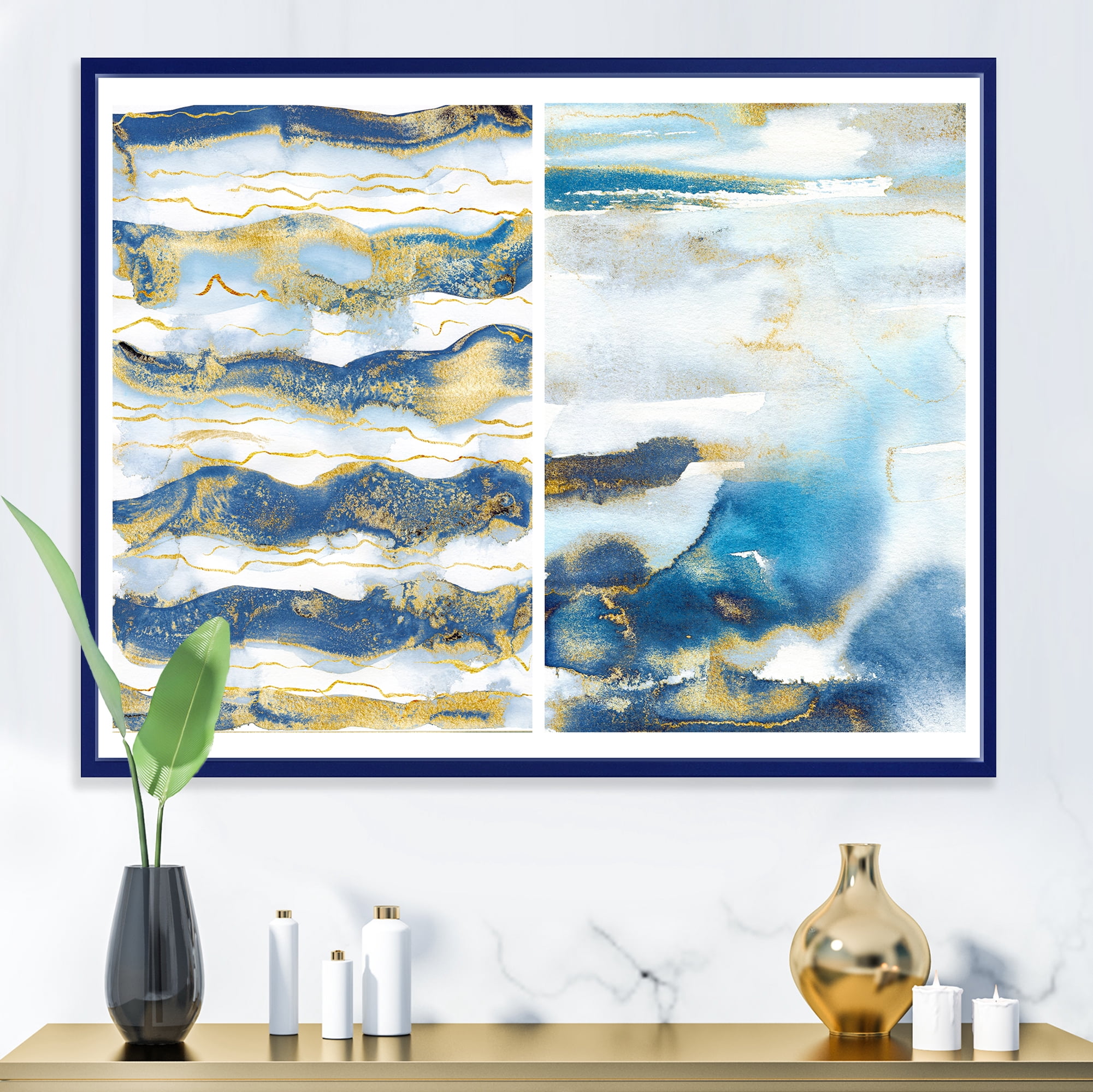 Designart 'Gold and Dark Blue Abstract Waves II' Modern Framed Canvas Wall Art Print