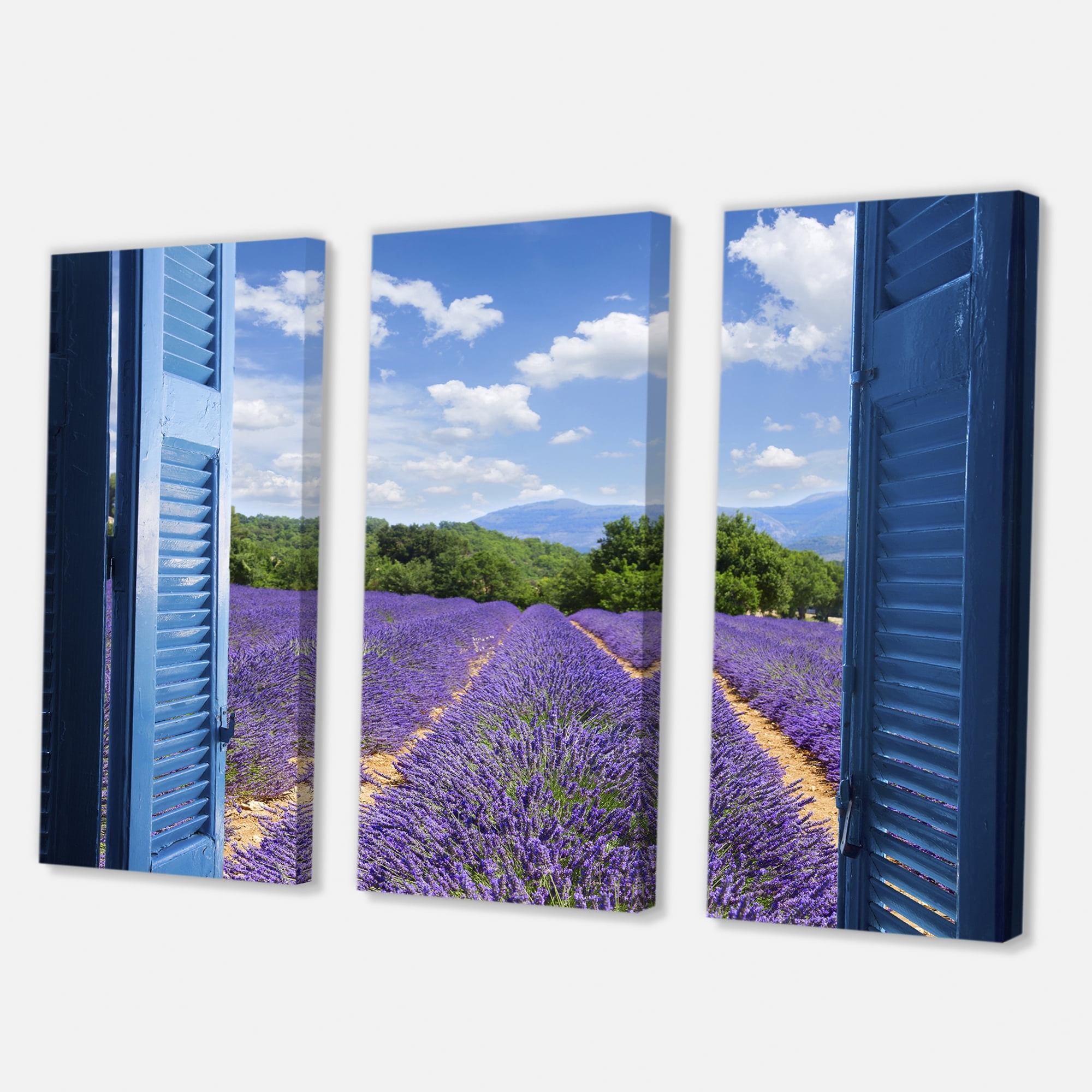 Designart ' View of Lavender Field Through Blue Open Cottage Window ' Farmhouse Canvas Wall Art Print