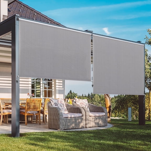 Summit Living 8'W x 8'H Outdoor Roller Shades Blinds for Patio, Crank Operated Sun Blocking, Light Gray