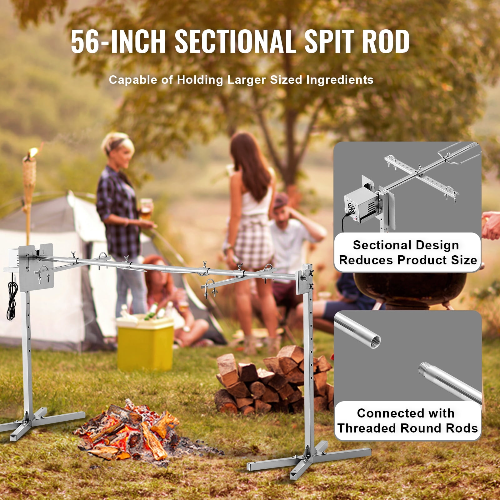 KFFKFF Electric Rotisserie BBQ Kit, 56" with 132 lbs Load, 52W Auto Motor, Adjustable Height, Universal Fit Stand, Stainless Steel, Includes Spit Rod & Heat Guard for Pork & Lamb