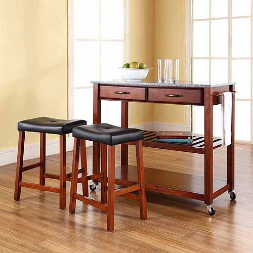 Crosley Furniture Solid Granite Top Kitchen Cart with 24" Upholstered Saddle Stools