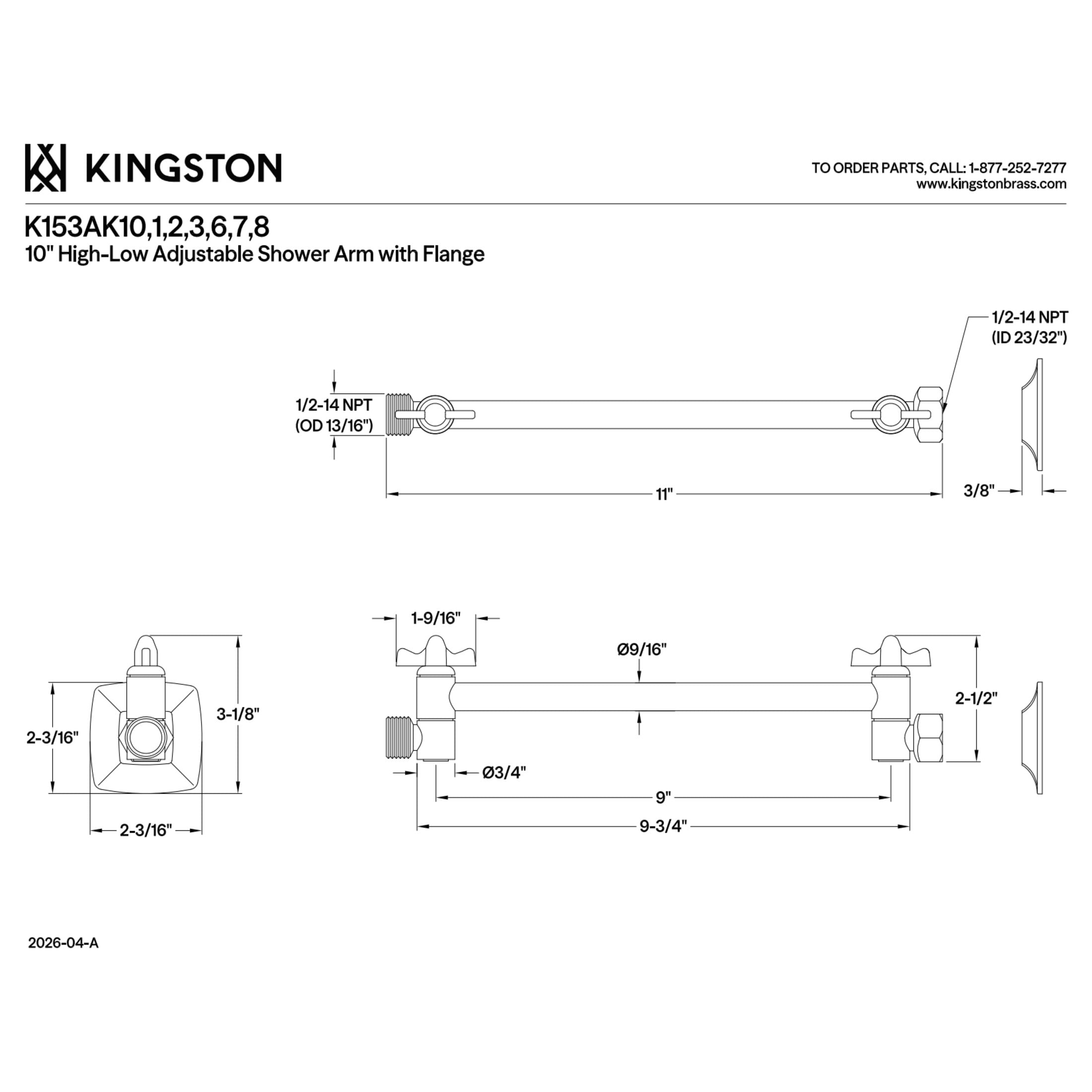 Kingston K153AK10 Gehry 10" Adjustable High-Low Shower Arm with Square Flange, Matte Black