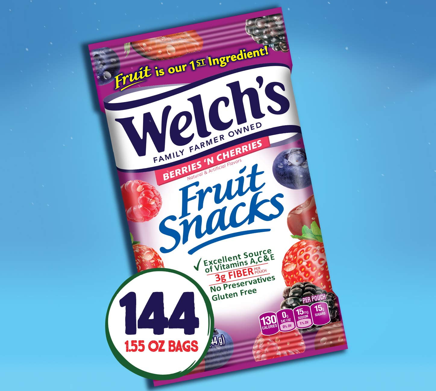 Welch,S Fruit Snacks, Berries ,N Cherries, Gluten Free, Bulk Pack, 1.55 Oz Individual Single Serve Bags (Pack Of 144)