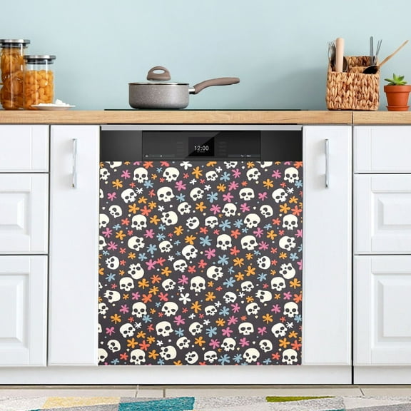Dishwasher Magnet Cover Magnetic Fridge Door Cover Home Kitchen Decor Skulls and Flower 23"x 26"