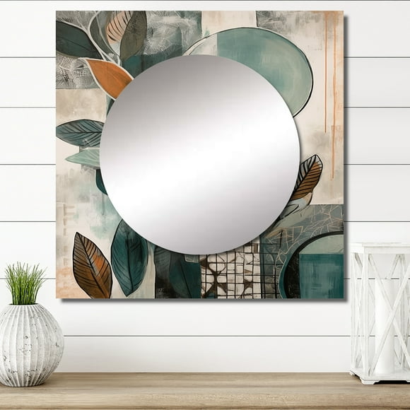 Designart "Abstract Bohemia Orange And Green I" Boho Feather Square Mirror Wall Decor Traditional - Large Orange Square Bathroom Mirror - Square Printed Wall Mirror Art