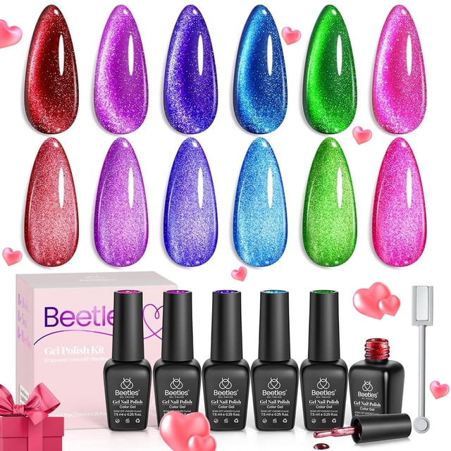 Set de esmaltes de uñas en gel Beetles Cat Eye Glitter, 6 colores, para mujer