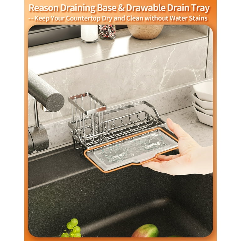 Trendy Sink Caddy Kitchen Sink Organizer, Sponge Holder for Kitchen Sink  with Removable Drip Tray, Dish Brush Holder Soap Holder, Stainless Steel