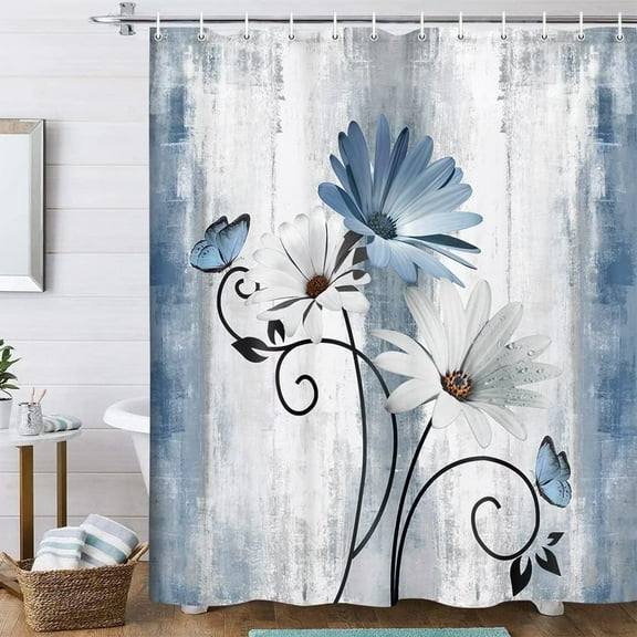 Bevtee Rustic Farmhouse Shower Curtain, Farm Blue Daisy Floral Flowers and Butterfly on Country Wooden Shower Curtain for Bathroom with 12PCS Hooks, 70X70IN, Turquoise Blue