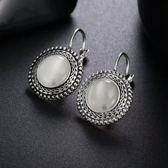 GKNET Boho Vintage Ethnic Silver Round Opal Drop Earrings Delicate Jewelry Dangle Earrings C-White