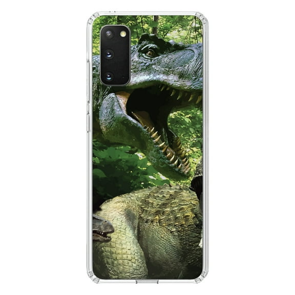 DistinctInk Clear Shockproof Hybrid Case for Galaxy S20 PLUS / 5G (6.7" Screen) - TPU Bumper, Acrylic Back, Tempered Glass Screen Protector - T-Rex Dinosaurs Raptor