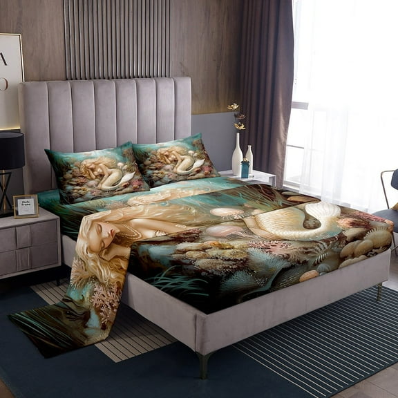 Erosebridal Mermaid Princess Bed Sheets Set Twin Size, Ocean Coral Bedding Twin Size, Dreamy Jellyfish Sheet Set Twin, Microfiber Bedroom Decorative, 3pcs