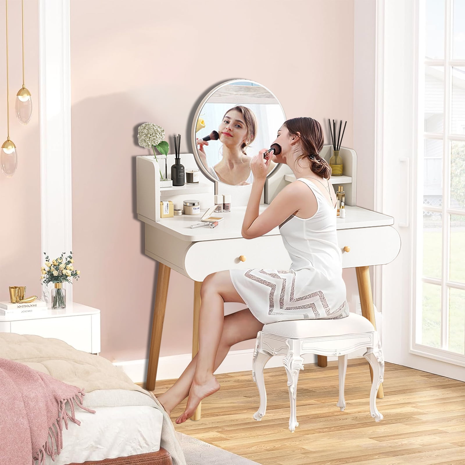 RICHYOUNG Vanity Table Set with Mirror, Makeup Table with 2 Large-Drawer for Bedroom, White(Without Stool)