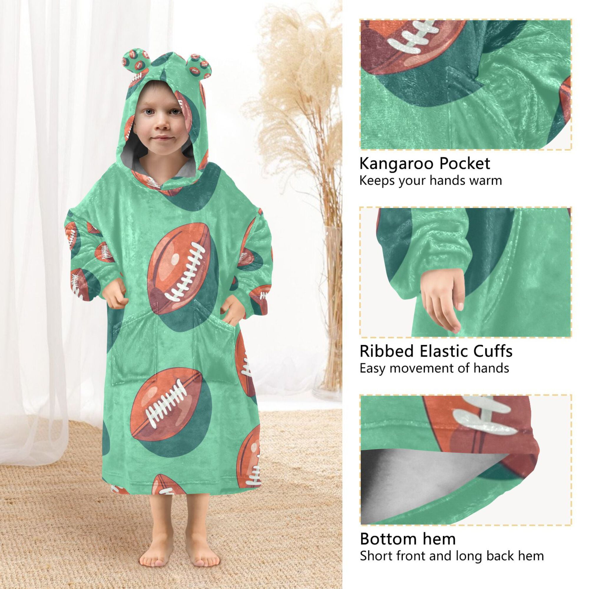 FORMRS Wearable Blanket Hoodie with Sleeves for Kids Cozy Flannel Sweatshirt, Brown American Footballs