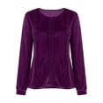 thumbnail image 4 of Womens Dressy Tops Soft Velvet Crew Neck Long Sleeve Elegant Shirts with Pleats Solid Color Casual Party Blouses (XL, Purple), 4 of 7