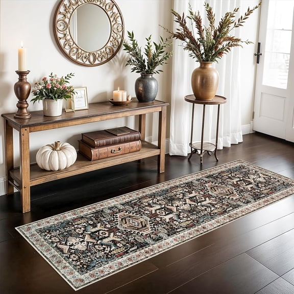 Washable Hallway Runner Rug - 2x6 Distressed Mats Non-Slip Soft Kitchen Dining Room Floor Carpet (Black,2x6)