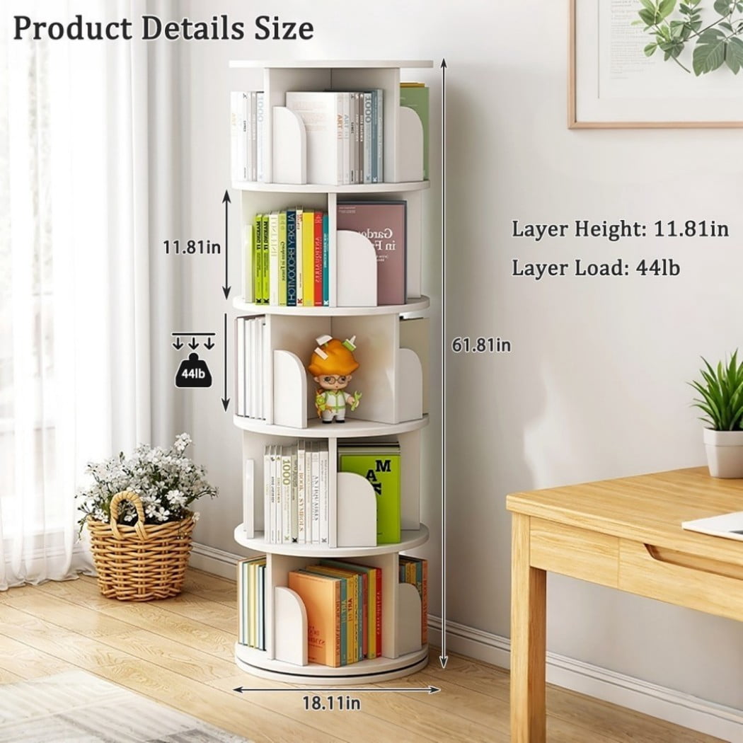 5-Tier Rotating Bookshelf, 360° Spinning Bookcase Tower with Wraparound Baffles, Space-Saving Round Display Shelf for Bedroom, Living Room & Home Office, Warm White