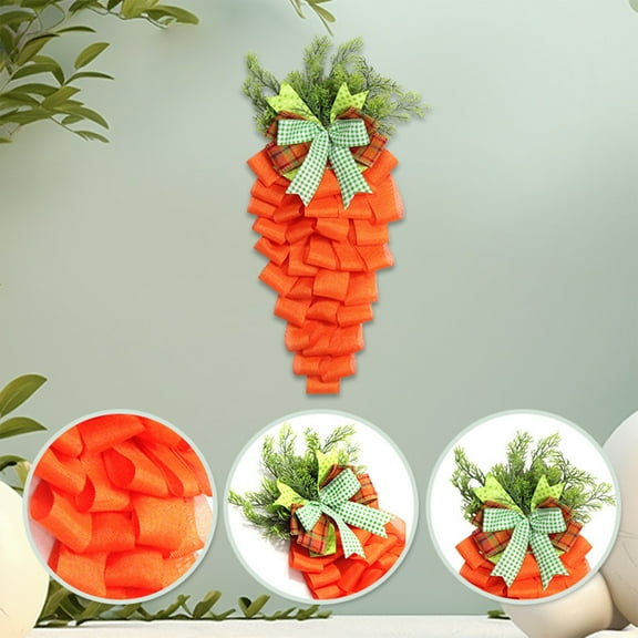 Easter Carrot Shaped Wreath, Orange Mesh Ribbon Door Hanger with Greenery & Gingham Bow, Festive Spring Front Door Decor for Easter, Farmhouse & Home Porch