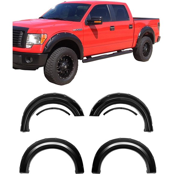 Galaxy Auto Fender Flares for 2009-14 Ford F150 (Styleside Only) - Pocket Riveted Style in Paintable Smooth Matte Black - 4 Piece Set