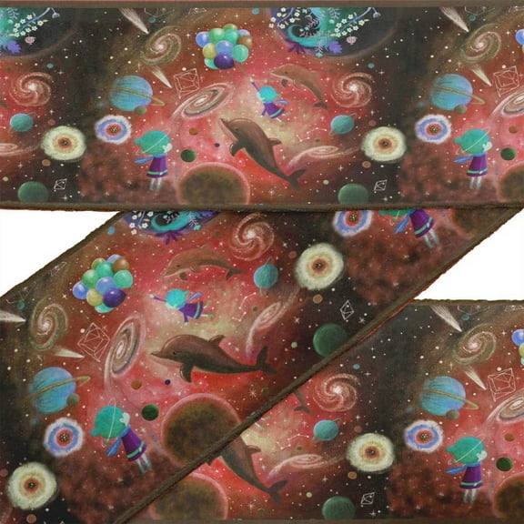 IBA Indianbeautifulart Blue Dolphin|Balloon & Planets Galaxy Fabric Laces For Crafts Printed Velvet Trim Fabric Sewing Border Ribbon Trims 9 Yards 3 Inches
