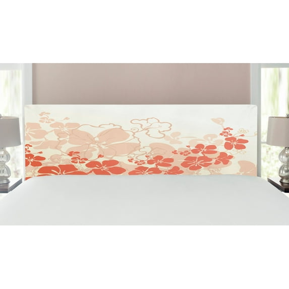 Hawaiian Headboard, Hawaii Flowers Silhouette Tropical Plants Ornamental Floral Illustration, Upholstered Decorative Metal Bed Headboard with Memory Foam, King Size, Fuchsia Salmon White, by Ambesonne