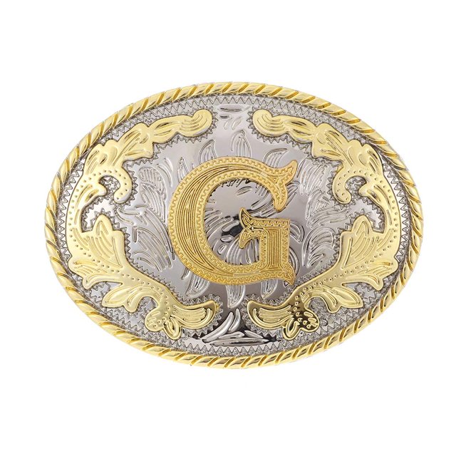 Western Belt Buckle Initial Letters ABCDEFG to Y-Cowboy Rodeo Gold Large Belt Buckle for Men and Women (G)