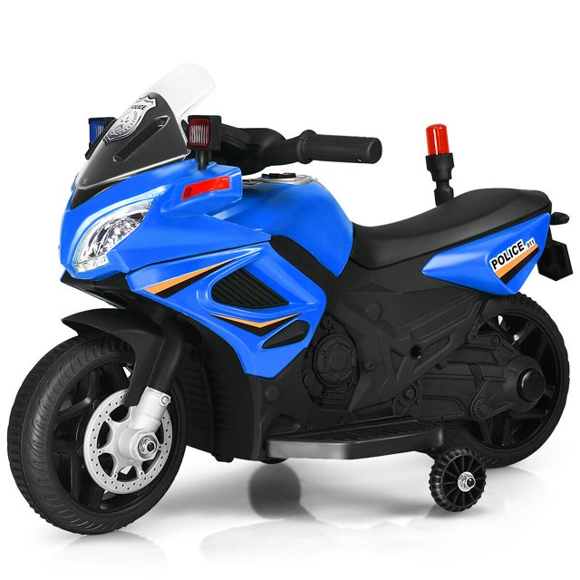 Gymax 6V Electric Toy Motorcycle Kids Ride On Police Scooter w/ Training Wheels Blue