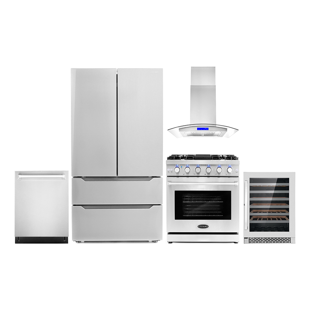 Cosmo 5 Piece Kitchen Appliance Packages with 30" Freestanding Gas Range 30" Island Mount 24" Built-in Fully Integrated Dishwasher French Door Refrigerator & 48 Bottle Wine Refrigerator - image 1 of 23