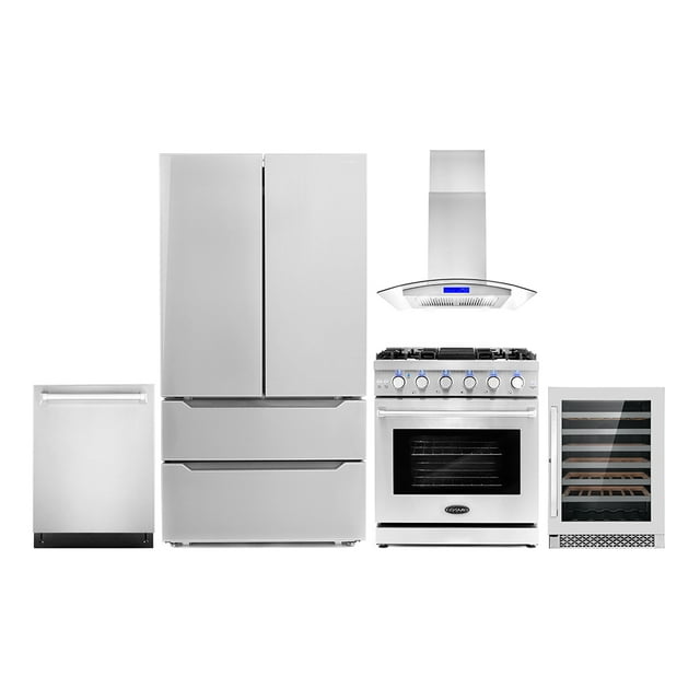 Cosmo 5 Piece Kitchen Appliance Packages with 30" Freestanding Gas Range 30" Island Mount 24" Built-in Fully Integrated Dishwasher French Door Refrigerator & 48 Bottle Wine Refrigerator