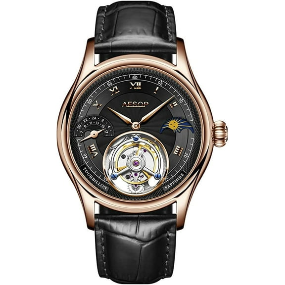 AESOP Analog Mechanical Hand-Wind Wrist Watch Men's Stainless Steel and Leather Sapphire Male Skeleton Real Tourbillon Moon Phase Clock Waterproof Chronograph