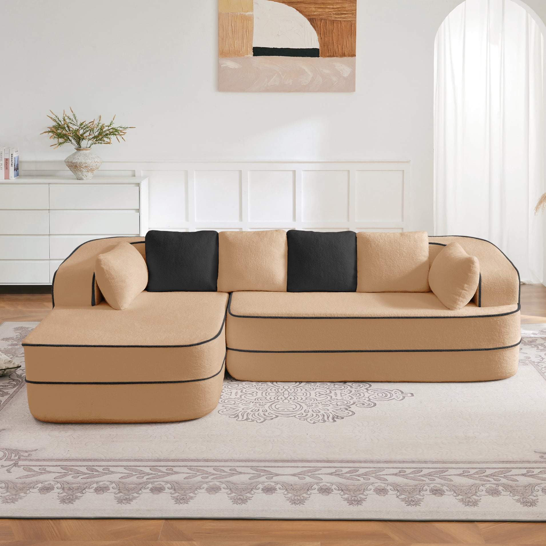 106" Teddy Fabric 32D Boneless Sofa,Modular Sectional Sofa with Curved Armrest,Contrast Color Design with Pillow,Fluffy Comfy Couch with L Shaped Chaise,for Living Room,No Assembly Required,Camel