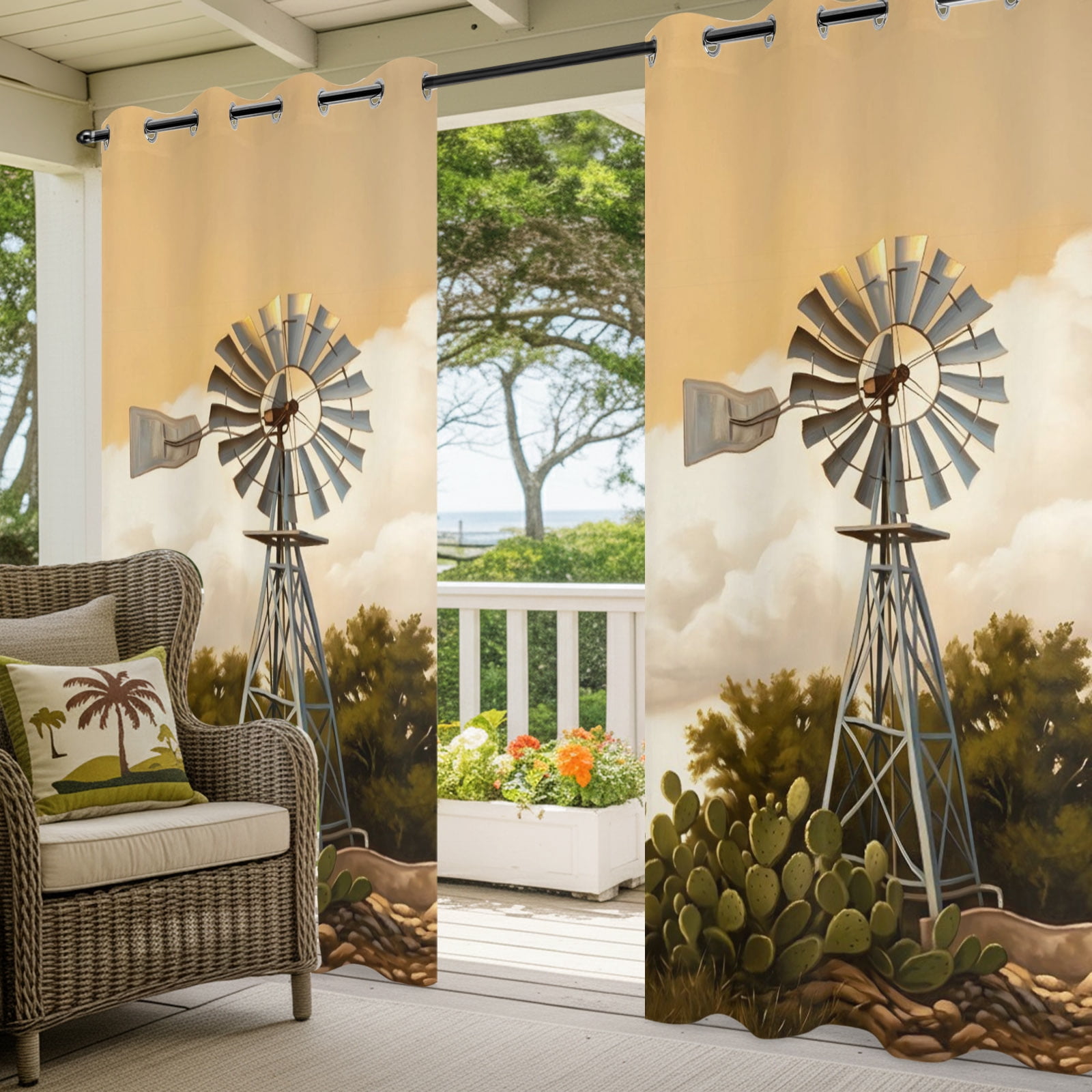 Windmill Outdoor Curtains for Patio, Windmill Farmhouse Sunset Field Trees Rustic Sunshade Privacy Drapes Grommet Waterproof Outside Curtains for Porch/Cabana/Balcony 54"x 108", 1 Panel