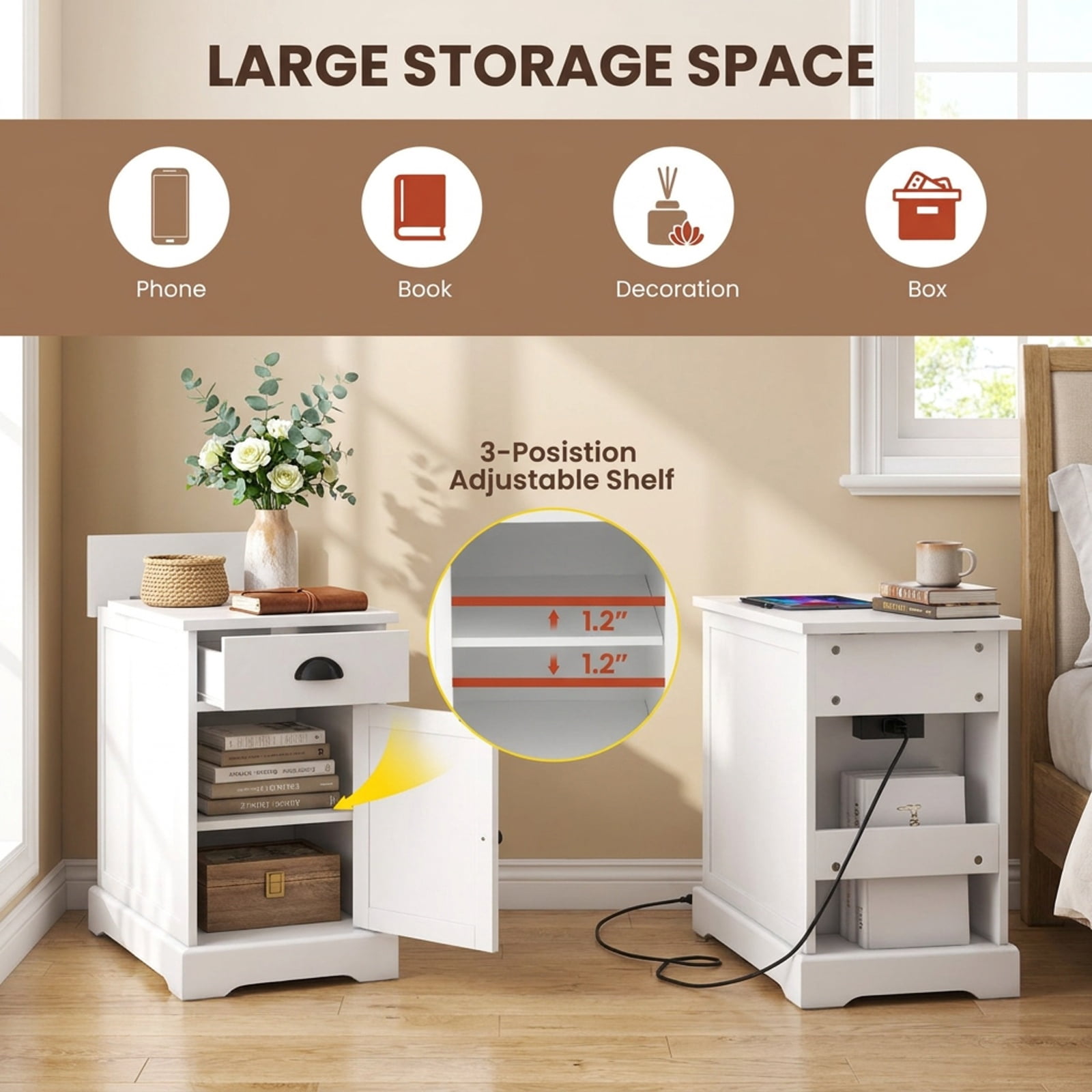 Furnibear End Table with Charging Station Flip Top and Drawer Cabinet Magazine Holder for Living Room Bedroom Sofa Side Narrow Spaces, White