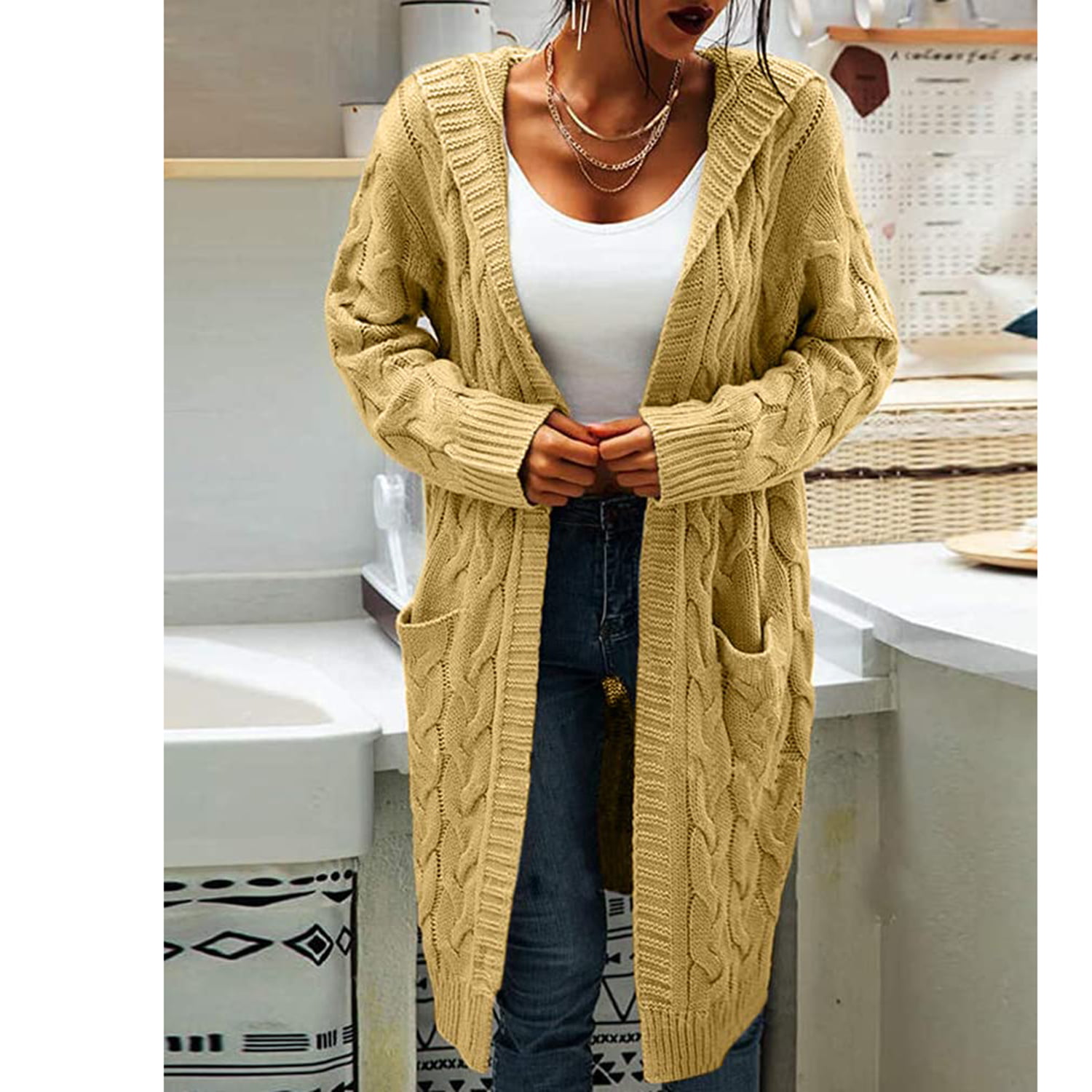 Mafulus Women Hooded Open Front Cardigan Cable Knit Sweaters Solid ...