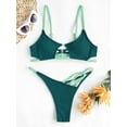 thumbnail image 3 of ZAFUL Women Swimsuit Contrast Strap Ribbed Cut Out Thong Bikini Swimwear Deep Green L, 3 of 4