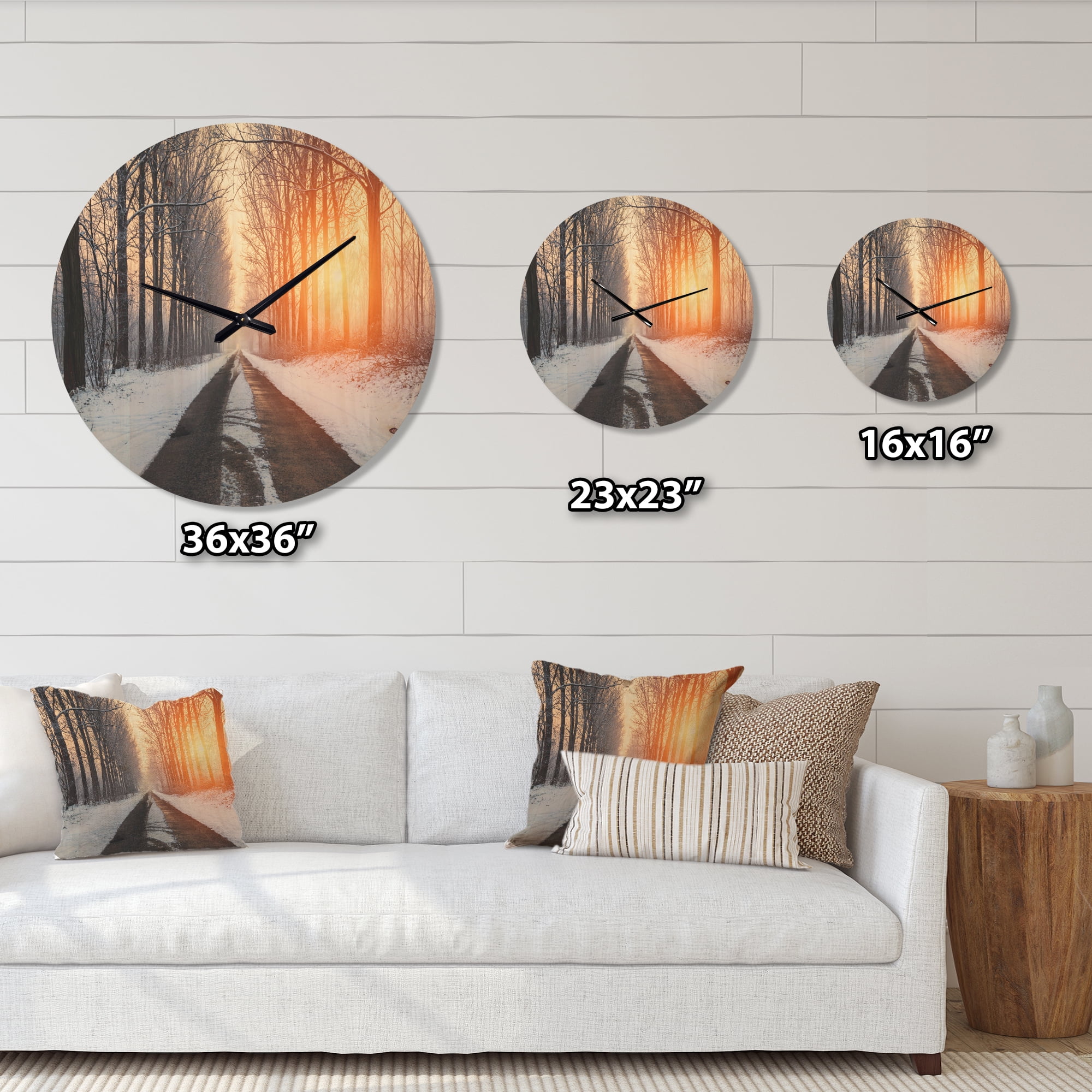 Designart 'Bright Sun Break in Winter Snow Forest ' Farmhouse Wood Wall Clock