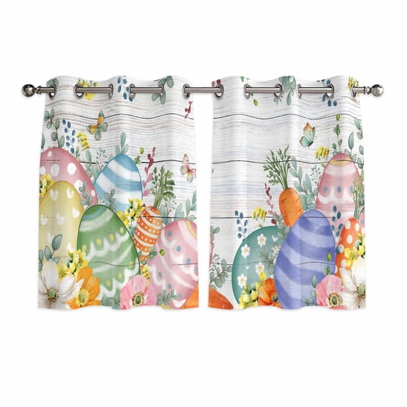 Easter Eggs Kitchen Curtains Window Panels, Spring Flowers Eucalyptus Leaves Wooden Grain Insulated Window Treatment Curtain, Grommet Curtains for Bedroom/Living Room/Bathroom, 2 Piece 52"Wx45"L
