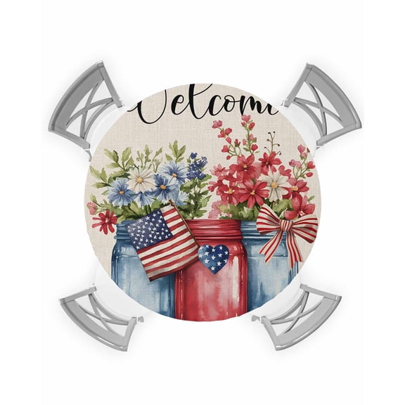 nqOlkjepod 4th of July Round Tablecloth, Fitted Table Cover with Elastic for 55"-60" Round Tables, Spring Floral Red US Flag Rustic Independence Day Table Cloth Dinning Party Waterproof Tablecloths