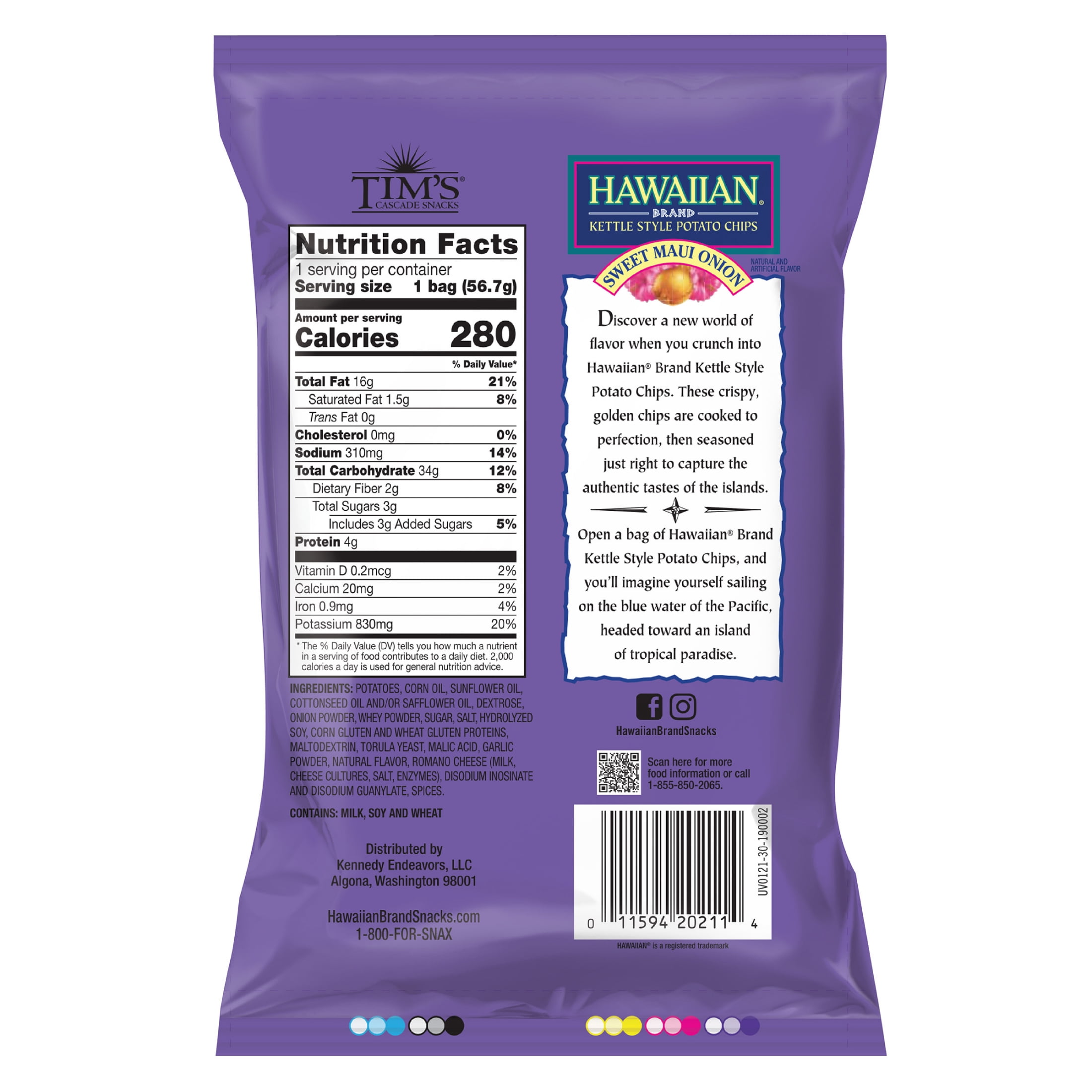 Hawaiian Brand Sweet Maui Onion Kettle Style Potato Chips, 2 oz Bag