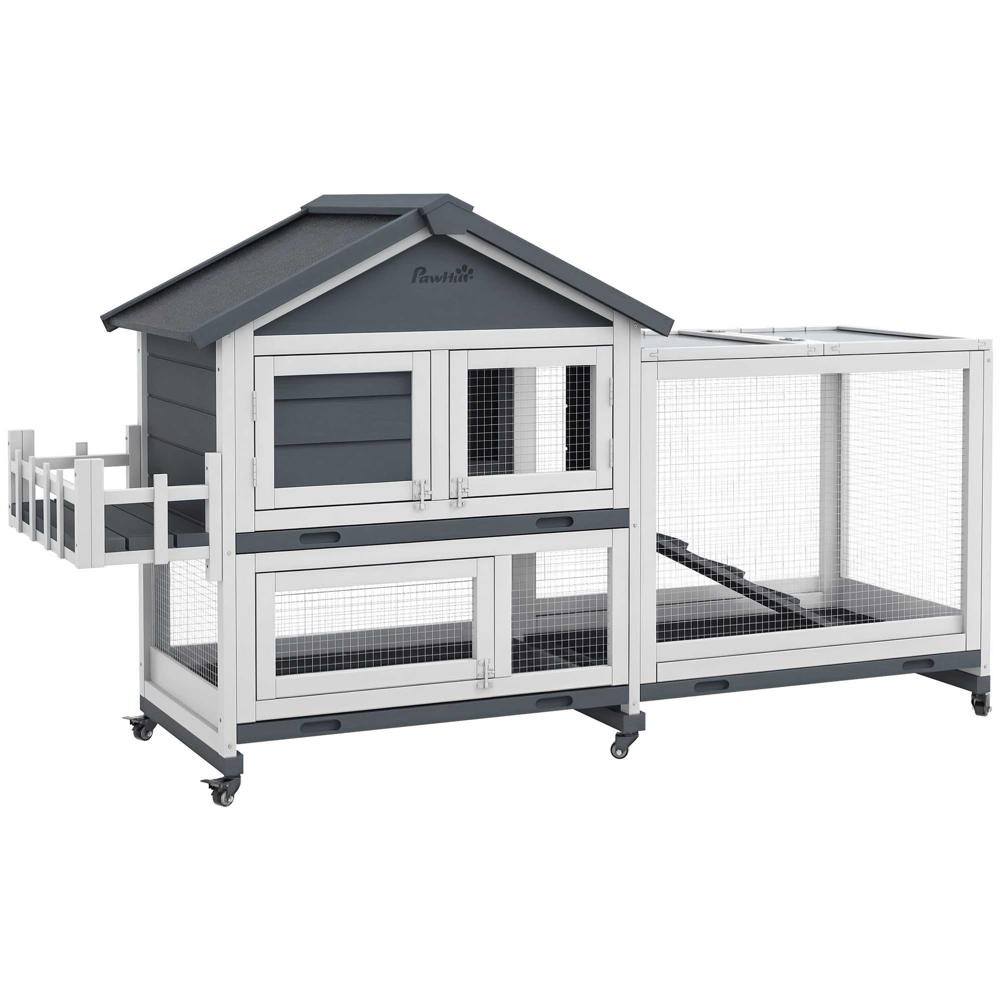 Rabbit Hutch, 65-Inch Gray Fir Wood Pet Playpen with Openable Asphalt Roof, Slide-out Trays and Storage Box for Small Animals