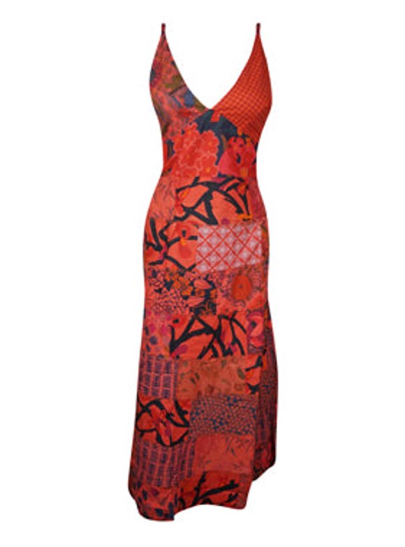 Mogul Womens Patchwork Maxi Dress Red Cotton Handmade Boho Dresses M/L
