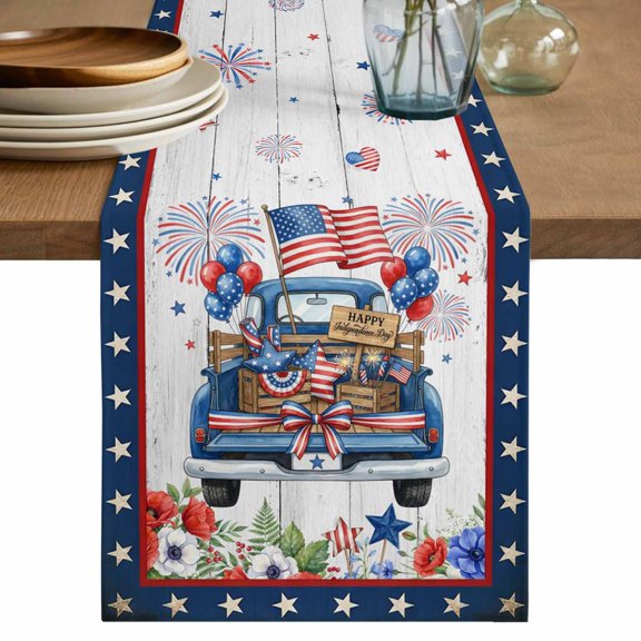 Independence Day Truck Table Runner 48 Inches, Blue Star Firework 4th of July Wood Bed Runner Dresser Scarves Tabletop for Indoor Outdoor Parties/Ceremony/Banquet, 13" x 48"