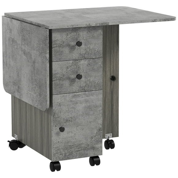 HOMCOM Foldable Dining Table, Drop Leaf Table on Wheels, Weathered Grey Oak