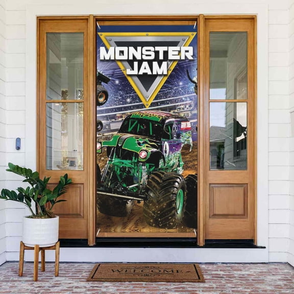 Door Banner Decorations Monster Truck Jam Porch Sign Banner Indoor Outdoor Wall Home Party Supplies 72.8 x 35.4 Inch