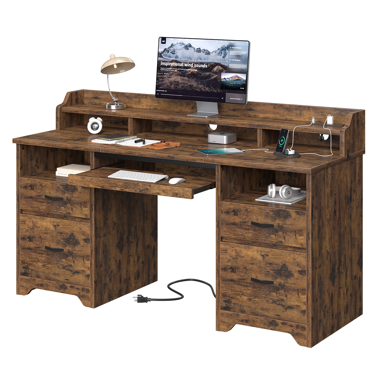 Bestier Farmhouse Executive Desk with Drawers, 59" Wood Computer Desk with Charging Station, Home Office Desk with Keyboard Tray & Monitor Stand，File Cabinet Sturdy Desk for Work Study, Rustic Brown