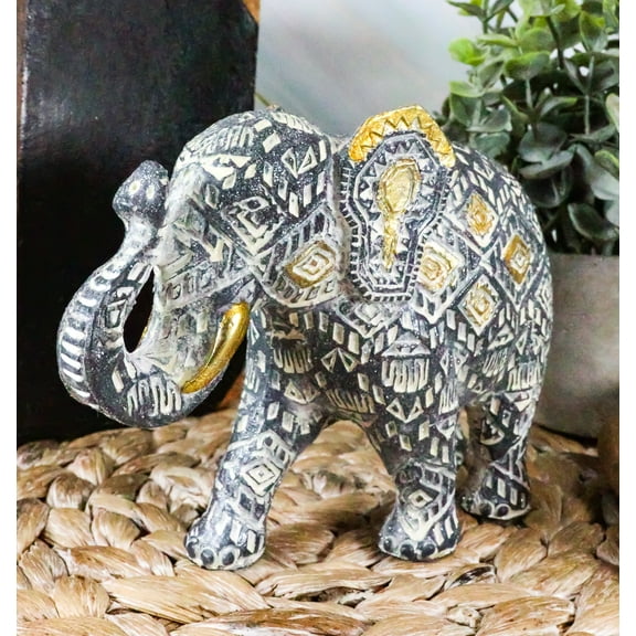 Ebros Silver Gold Patterned Elephant 6.5"L Feng Shui Elephant Mother Figurine