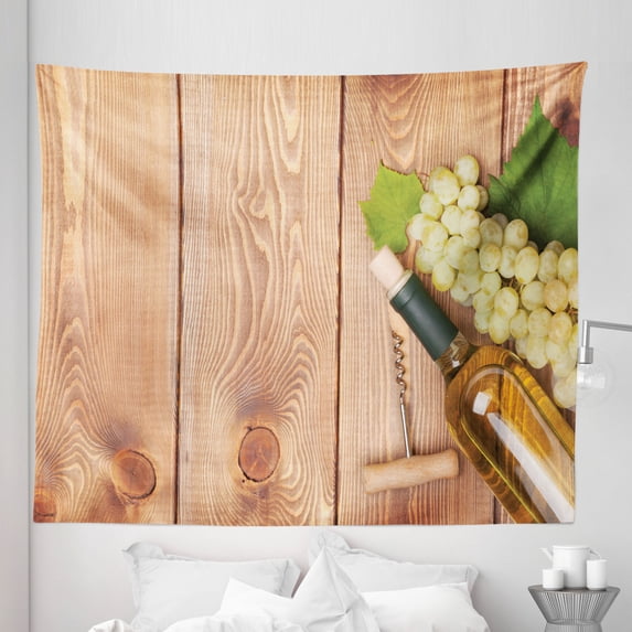 Italian Tapestry, Wine Bottle and Bunch of Grapes on Wooden Table Background Romantic Italian Dinner, Fabric Wall Hanging Decor for Bedroom Living Room Dorm, 5 Sizes, Green Brown, by Ambesonne