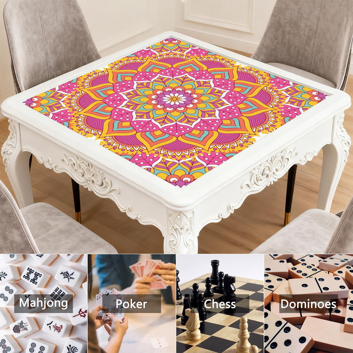 Mandala Mahjong Mat for Table, 31.5*31.5in Anti Slip American Mahjong Table Cloth, Noise Reduction, Neoprene Mah jongg Mat with Carrying Bag & 3 Dices, Mahjong Accessories Gift, Board Tile Games Mats