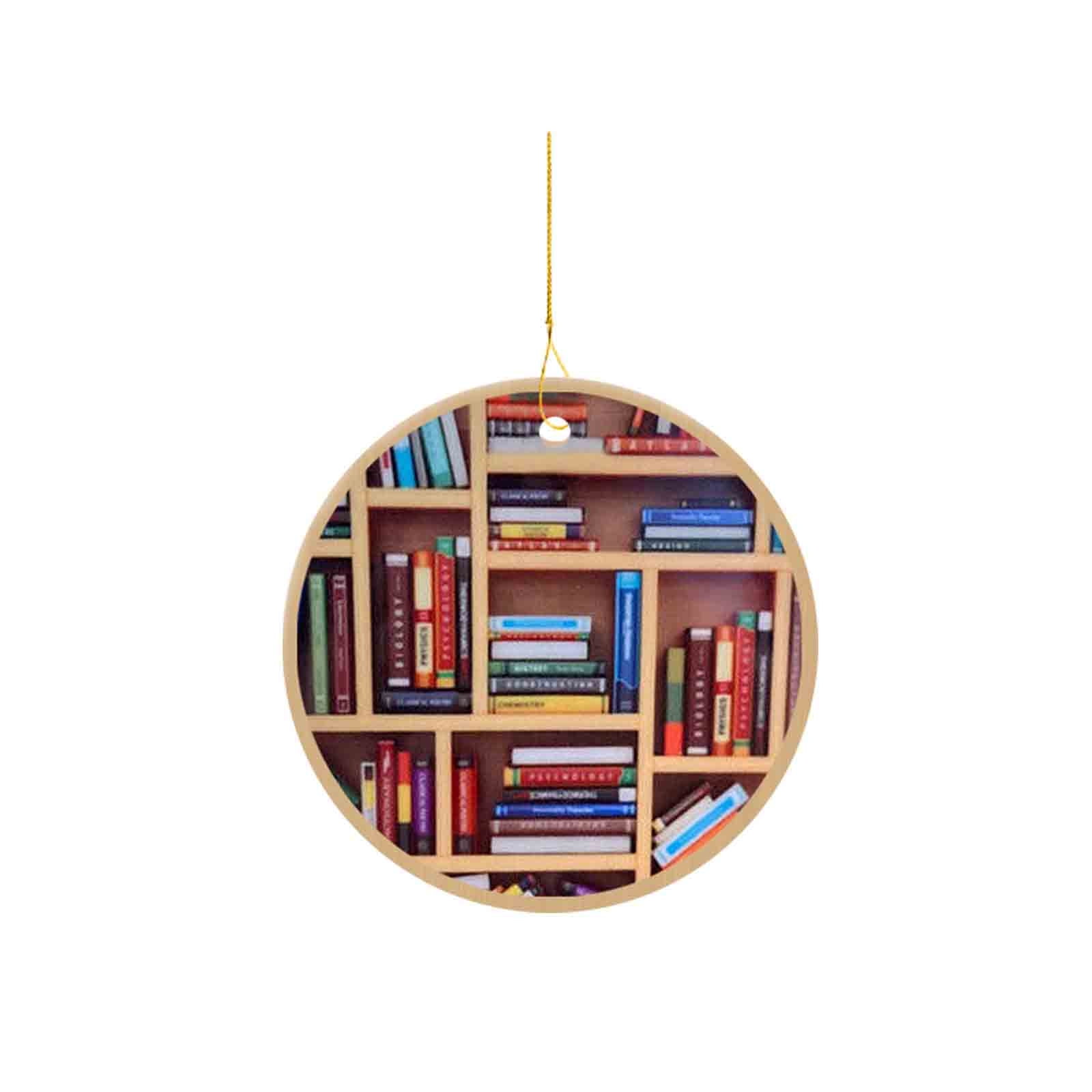 Christmas Wooden Ornaments 2D Bookshelf Style Round Hanging Decor for Xmas Tree Gift for Book Lovers