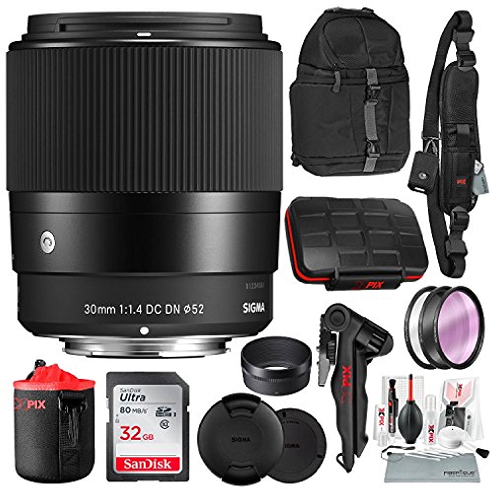 Sigma 30mm f/1.4 DC DN Contemporary Lens for Sony E with Xpix Camera Cleaning Kit, Sturdy Tripod