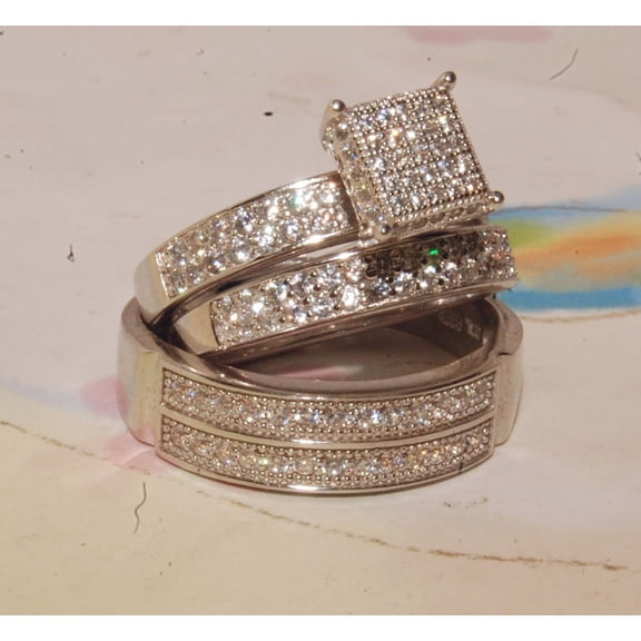 Bluebell Jewels Round Cut CZ Wedding Trio His Her Bridal Band Ring Set 14K White Gold Plated